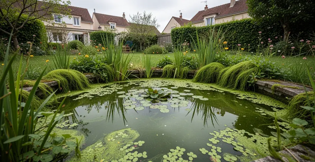 Bassin de jardin avec eau verdâtre et végétation aquatique envahissante