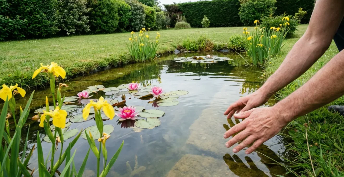 Bassin de jardin naturel avec nénuphars roses et iris jaunes en bordure