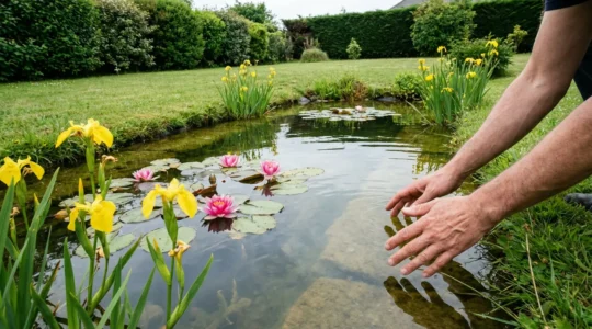 Bassin de jardin naturel avec nénuphars roses et iris jaunes en bordure