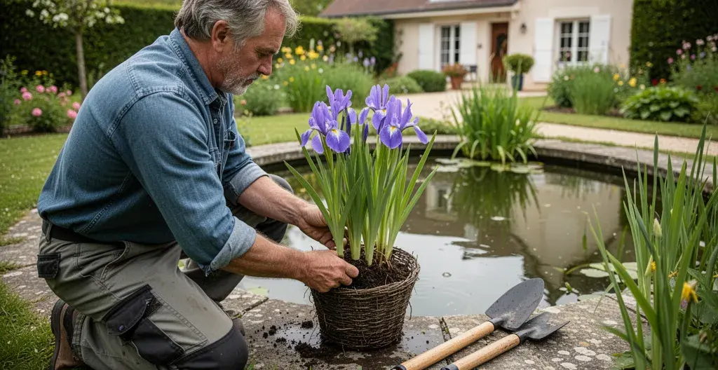 Jardinier installant une plante aquatique dans un panier de plantation au bord d'un bassin