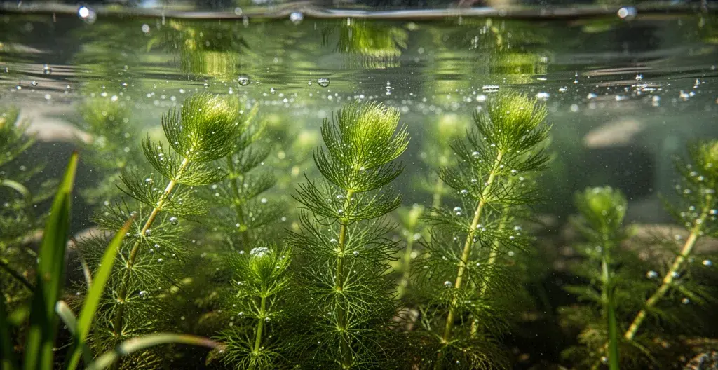 Plantes oxygénantes vertes visibles sous la surface d'un bassin de jardin